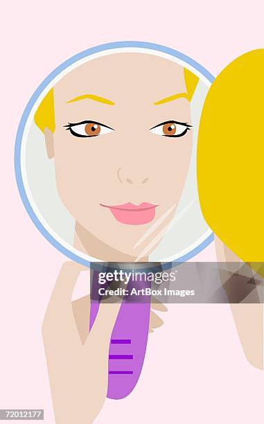 reflection of a young woman in a mirror - touching mirror stock illustrations