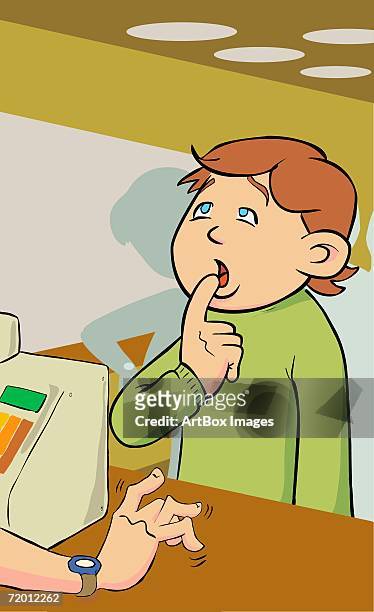 close-up of a boy standing with his finger on his lips in front of a cash register - man looking inside mouth illustrated stock illustrations