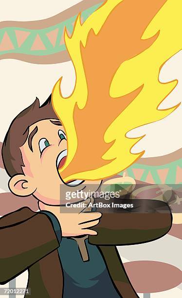 close-up of a young man fire breathing - man looking inside mouth illustrated stock illustrations