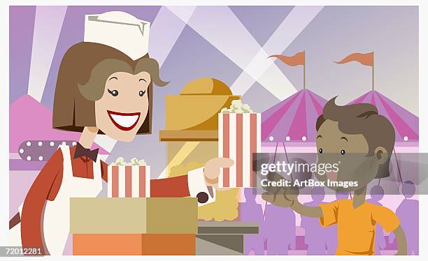 close-up of a market vendor giving a popcorn box to a boy - popcorn box top view stock illustrations