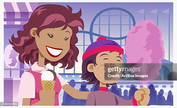 bildbanksillustrationer, clip art samt tecknat material och ikoner med close-up of a girl holding an ice-cream cone with her brother holding cotton candy - korta ärmar