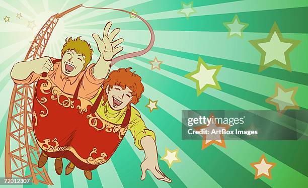 stockillustraties, clipart, cartoons en iconen met low angle view of a young couple hanging from a bungee cord - bungee cord