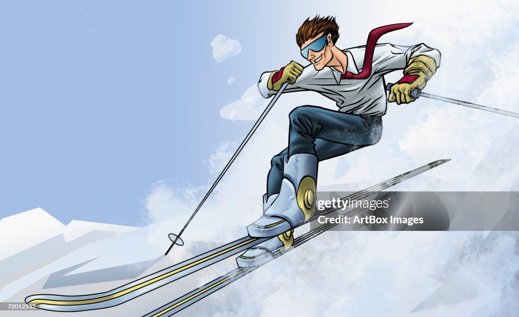 Businessman skiing down hill