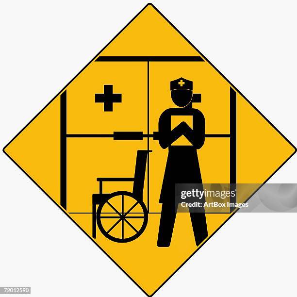 silhouette of a nurse and a wheelchair in front of a closed door - people capability digital yellow stock-grafiken, -clipart, -cartoons und -symbole