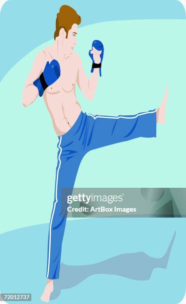 young man practicing kickboxing - kickboxing stock illustrations