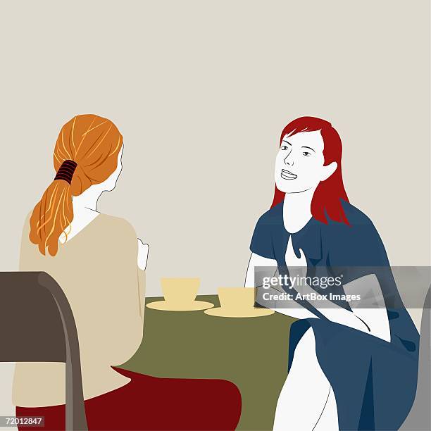 ilustraciones, imágenes clip art, dibujos animados e iconos de stock de close-up of two young women sitting at the table in a restaurant - amigas