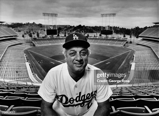 Baseball Hall of Fame player and manager, Tommy Lasorda, poses during a 1980 Los Angeles, California, photo portrait session at Dodger Stadium....