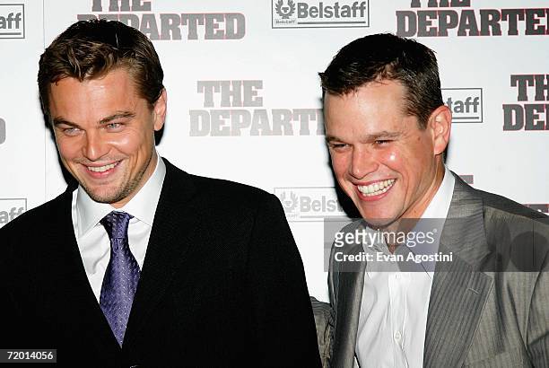 Actors Leonardo DiCaprio and Matt Damon attend the Warner Bros. Pictures premiere of "The Departed" at the Ziegfeld Theatre September 26, 2006 in New...