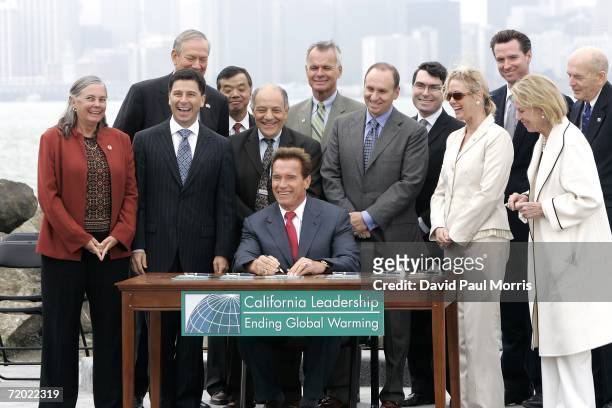 California Governor Arnold Schwarzenegger signs a landmark legislation bill AB-32 the California Global Warming Solutions Act of 2006 to reduce...