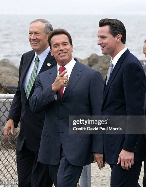 New York Governor George Pataki, California Governor Arnold Schwarzenegger and San Francisco Mayor Gavin Newsom arrive at the site where...