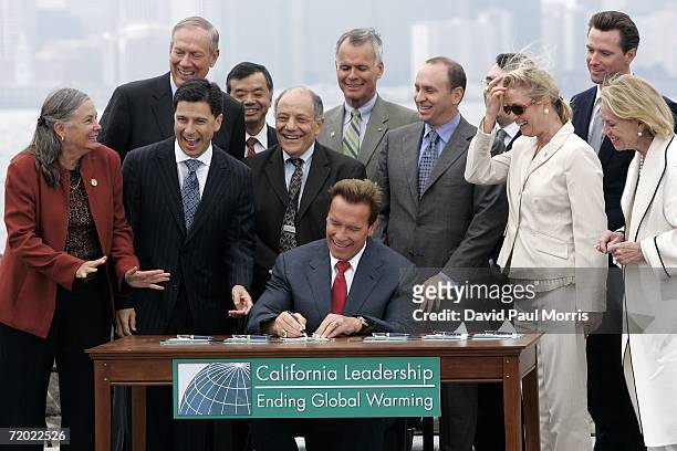 California Governor Arnold Schwarzenegger signs landmark legislation bill AB-32, the California Global Warming Solutions Act of 2006 to reduce...