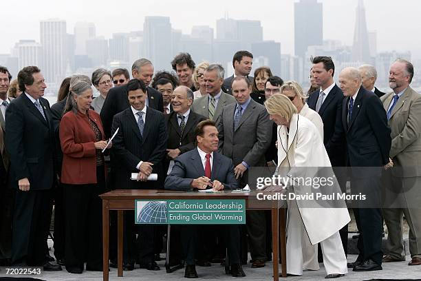 California Governor Arnold Schwarzenegger signs landmark legislation bill AB-32, the California Global Warming Solutions Act of 2006 to reduce...