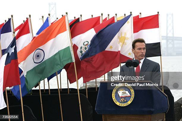 California Governor Arnold Schwarzenegger speaks before he signs landmark legislation bill AB-32, the California Global Warming Solutions Act of 2006...