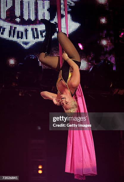 Pink performs on stage at the first concert of her 'I'm Not Dead' European Tour at Hallen Stadion on September 27, 2006 in Zurich, Switzerland.