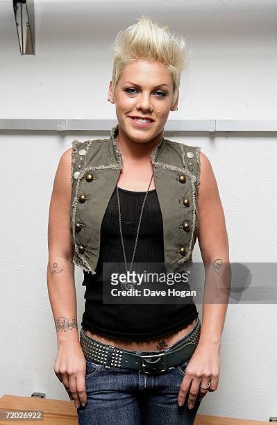 Pink poses backstage prior to the first concert of her 'I'm Not Dead' European Tour at Hallen Stadion on September 27, 2006 in Zurich, Switzerland.