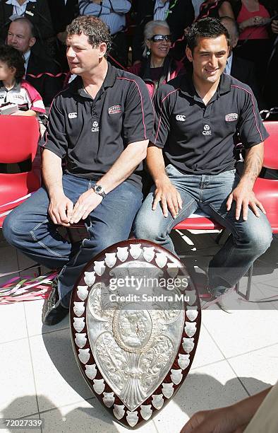 Allan Pollock, Coach of North Harbour and Rua Tipoki with the Ranfurly Shield before a float parade for the North Harbour Rugby Team makes it way...