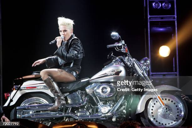 Pink performs on stage at the first concert of her 'I'm Not Dead' European Tour at Hallen Stadion on September 27, 2006 in Zurich, Switzerland.