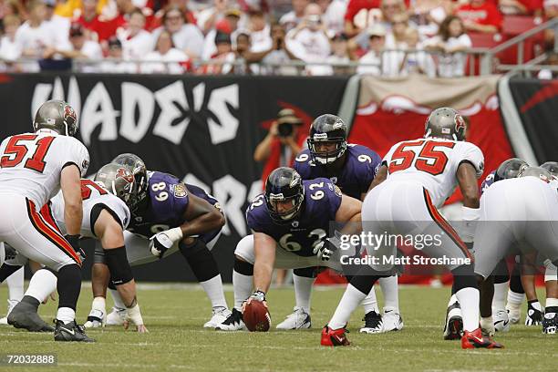 Quarterback Steve McNair of the Baltimore Ravens waits for the snap from center Mike Flynn against the Tampa Bay Buccaneers during their NFL game on...
