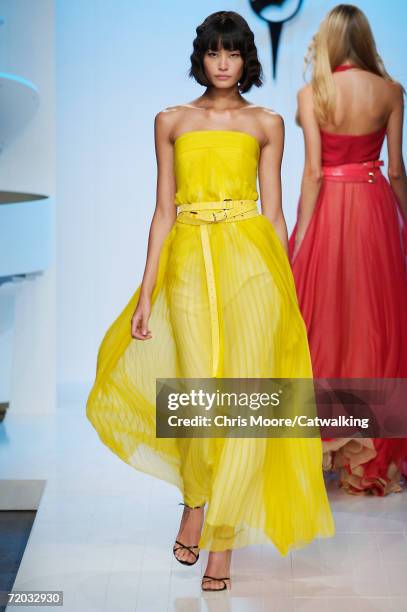 Model walks down the catwalk during the Trussardi Fashion Show as part of Milan Fashion Week Spring/Summer 2007 on September 27, 2006 in Milan, Italy.