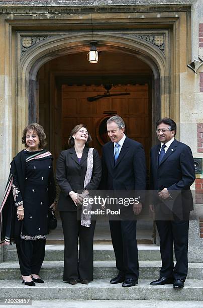 British Prime Minister Tony Blair and his wife Cherie Blair receive Pakistan President Pervez Musharraf and first lady Sahba Musharraf at Chequers,...