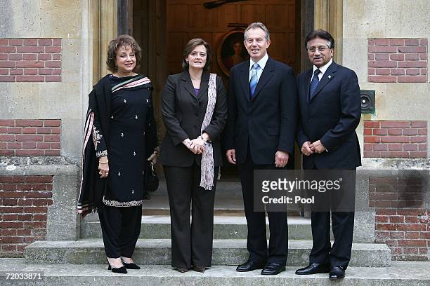 British Prime Minister Tony Blair and his wife Cherie Blair receive Pakistan President Pervez Musharraf and first lady Sahba Musharraf at Chequers,...