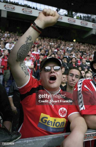 Frankfurt football fan cheers during the UEFA Cup second leg match between Brondby Copenhagen and Eintracht Frankfurt at the Brondby stadium on...