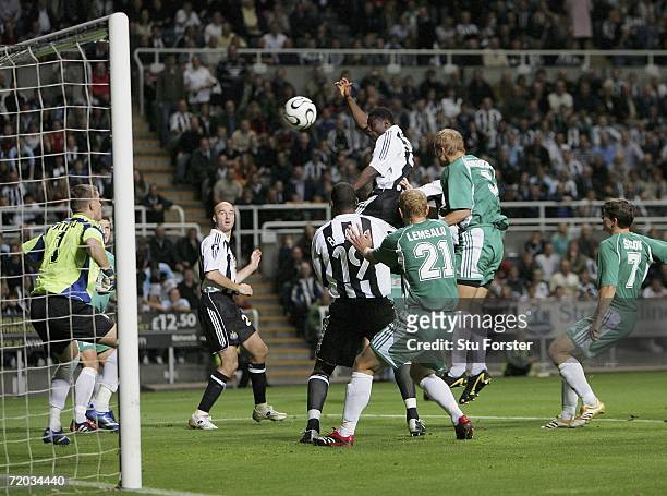 Newcastle striker Obafemi Martins heads the first Newcastle goal during the second leg of the UEFA Cup first round between Newcastle United and FC...