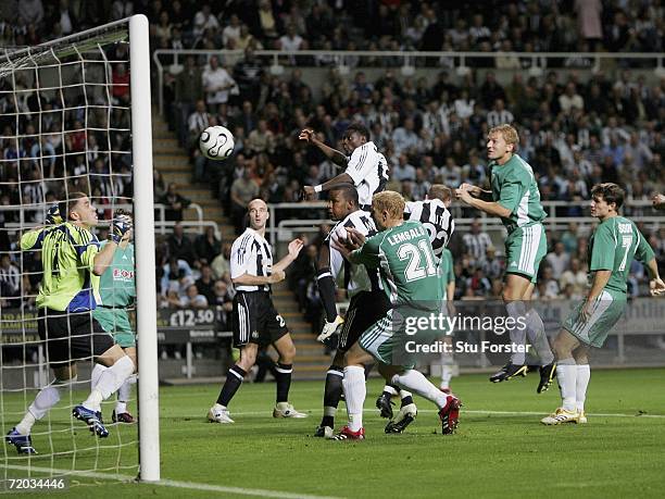 Newcastle striker Obafemi Martins heads the first Newcastle goal during the second leg of the UEFA Cup first round between Newcastle United and FC...