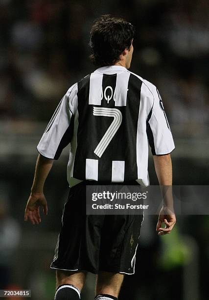 Newcastle's Albert Luque wears a shirt where only the 'Q' is visible, during the second leg of the UEFA Cup first round between Newcastle United and...