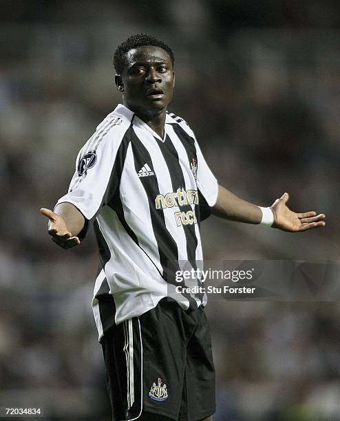 Newcastle striker Obafemi Martins gestures to his team mates during the second leg of the UEFA Cup first round between Newcastle United and FC...
