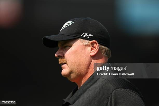 Head coach Andy Reid of the Philadelphia Eagles watches warmups during the game against the San Francisco 49ers on September 24, 2006 at Monster Park...