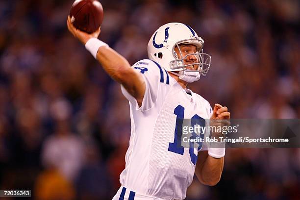Peyton Manning of the Indianapolis Colts passes against the New York Giants on September 10, 2006 at Giants Stadium in East Rutherford, New Jersey....