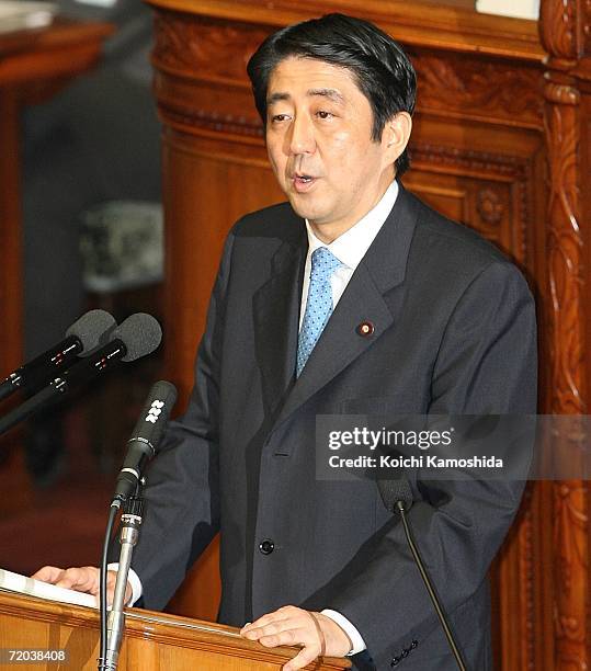 Japanese Prime Minister Shinzo Abe delivers his policy speech at the Lower House of Parliament on September 29, 2006 in Tokyo, Japan. Abe stated...