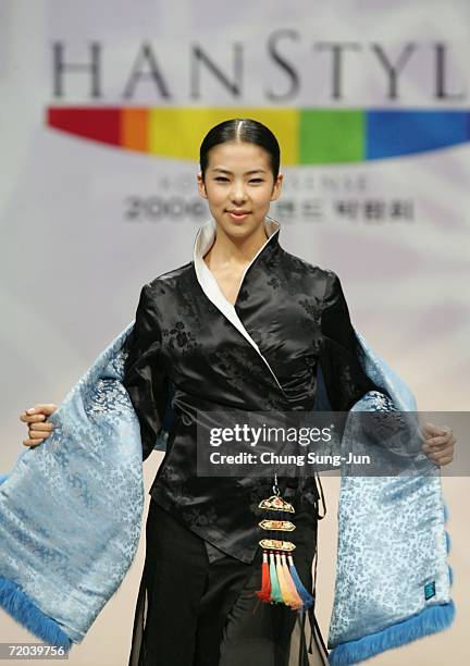 Model walks down the catwalk during the Paik Seol-Heon fashion show as part of the South Korean Traditional Costume "HanBok" fashion show on...