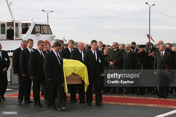 The coffin of Empress Maria Fyodorovna is carried at the St. Peter and Paul's Cathedral on September 26, 2006 in St Petersburg, Russia. Empress Maria...