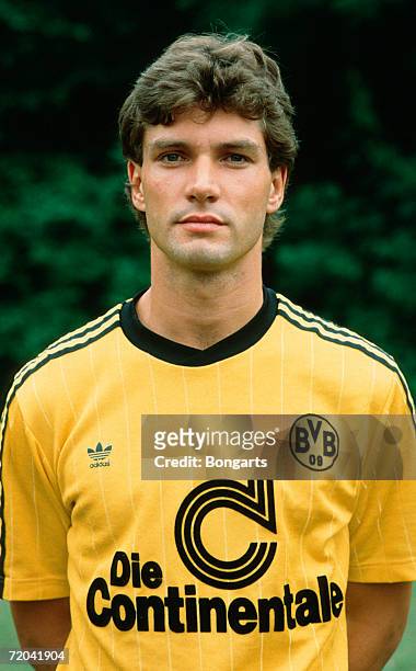 Michael Zorc of Dortmund poses during the photo call and team presentation of Borussia Dortmund on July 01, 1989 in Dortmund, Germany.