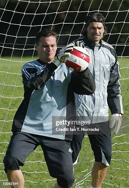 Steve Harper is watched by Pavel Srnicek during a training session at Newcastle United's training ground in Benton, on September 29, 2006 in...