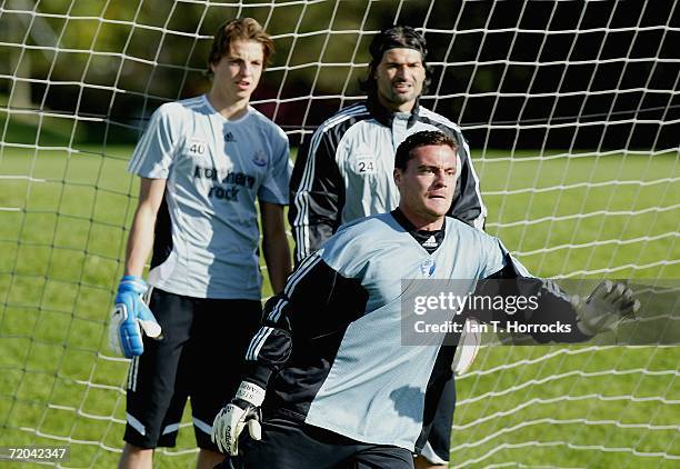 Steve Harper is watched by Pavel Srnicek and Tim Krul during a training session at Newcastle United's training ground in Benton, on September 29,...