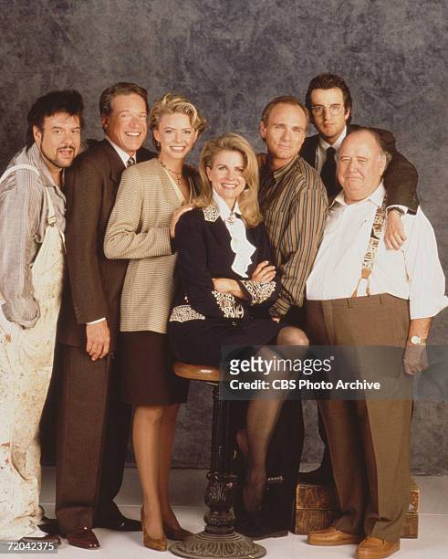 Publicity portrait of the cast of the television series 'Murphy Brown,' 1990. Pictured are, from left, American actors Robert Pastorelli , Charles...