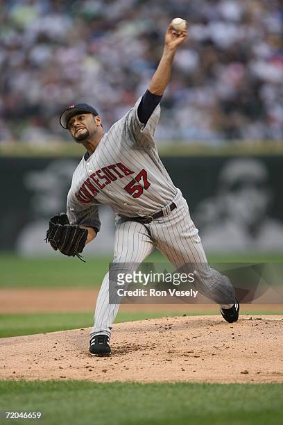 Johan Santana of the Minnesota Twins delivers a pitch during the game against the Chicago White Sox at U.S. Cellular Field in Chicago, Illinois on...