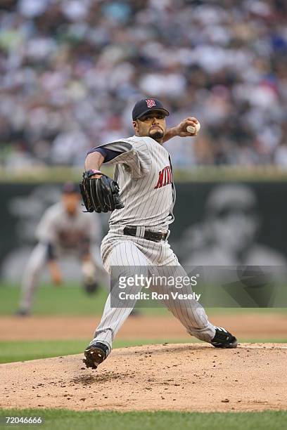 Johan Santana of the Minnesota Twins delivers a pitch during the game against the Chicago White Sox at U.S. Cellular Field in Chicago, Illinois on...