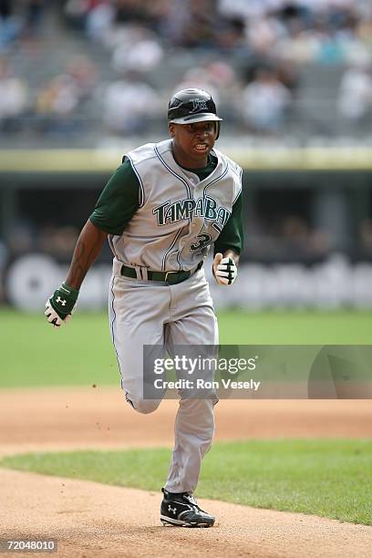 Delmon Young of the Tampa Bay Devil Rays runs the bases during the game against the Chicago White Sox at U.S. Cellular Field in Chicago, Illinois on...