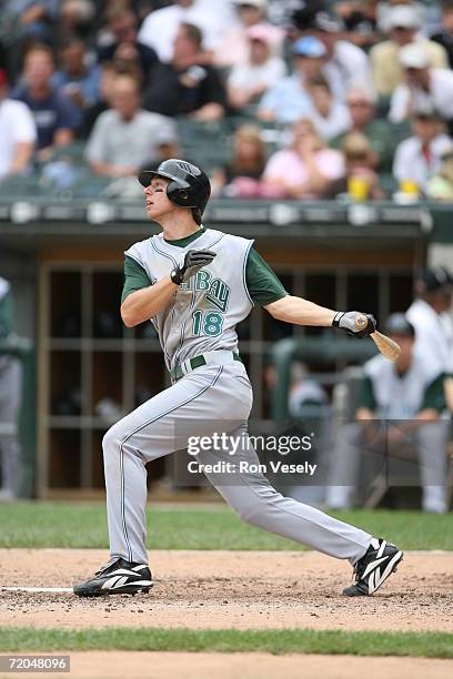 Ben Zobrist of the Tampa Bay Devil Rays at bat during the game against the Chicago White Sox at U.S. Cellular Field in Chicago, Illinois on August...