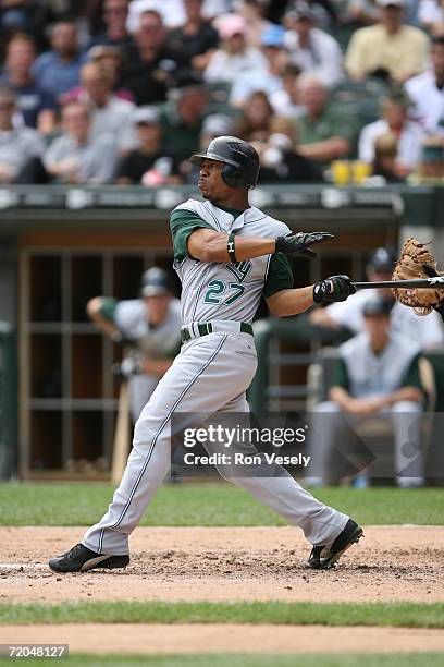 Damon Hollins of the Tampa Bay Devil Rays at bat during the game against the Chicago White Sox at U.S. Cellular Field in Chicago, Illinois on August...