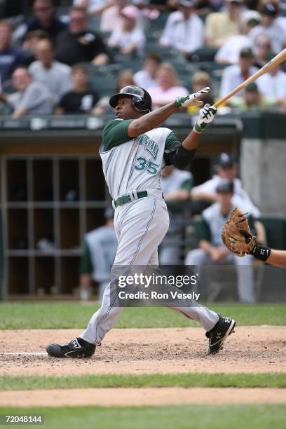 Delmon Young of the Tampa Bay Devil Rays at bat during the game against the Chicago White Sox at U.S. Cellular Field in Chicago, Illinois on August...