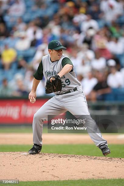 Shawn Camp of the Tampa Bay Devil Rays delivers a pitch during the game against the Chicago White Sox at U.S. Cellular Field in Chicago, Illinois on...