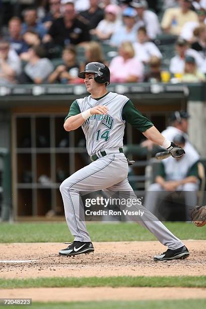 Greg Norton of the Tampa Bay Devil Rays at bat during the game against the Chicago White Sox at U.S. Cellular Field in Chicago, Illinois on August...