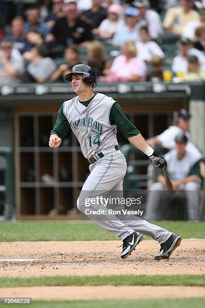 Greg Norton of the Tampa Bay Devil Rays at bat during the game against the Chicago White Sox at U.S. Cellular Field in Chicago, Illinois on August...