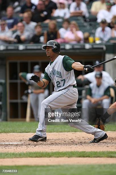 Damon Hollins of the Tampa Bay Devil Rays at bat during the game against the Chicago White Sox at U.S. Cellular Field in Chicago, Illinois on August...