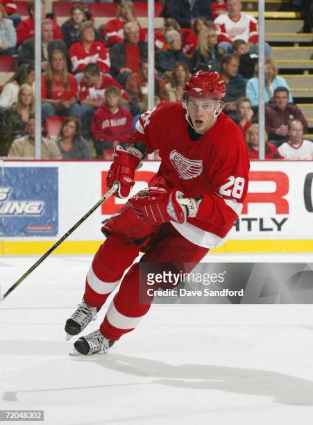 Tomas Kopecky of the Detroit Red Wings skates against the Tampa Bay Lightning during their NHL pre-season game at Joe Louis Arena on September 22,...